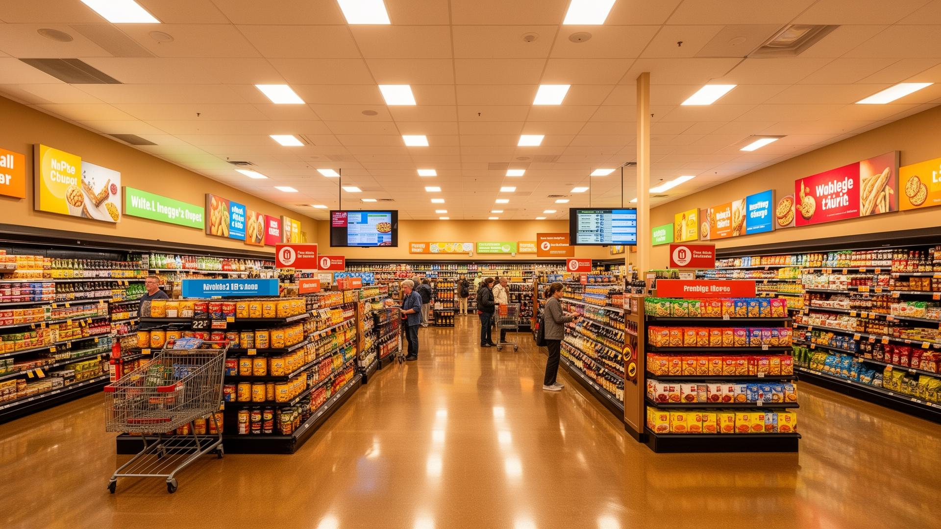Modern U.S. grocery store interior with in-store marketing signage and shoppers